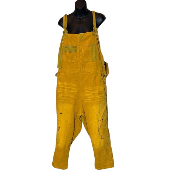 Monthorigin women’s yellow corduroy Lagenlook overalls distressed patchwork - Picture 1 of 4